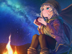 Rule 34 | 1girl, akai haato, beanie, black pantyhose, blonde hair, blue eyes, blush, braid, brown coat, brown hat, camping, coat, commentary request, cup, fingernails, fire, green hoodie, hair ornament, hat, heart, heart hair ornament, highres, holding, holding cup, hololive, hood, hood down, hoodie, long sleeves, looking up, magowasabi, nail polish, night, night sky, pantyhose, red nails, sitting, sky, smile, solo, star (sky), starry sky, tent, virtual youtuber