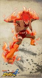 Rule 34 | 1boy, aura, burning, fire, flaming hair, full body, glowing, glowing eyes, highres, jacket, logo, male focus, might guy, naruto (series), naruto shippuuden, official art, open clothes, open jacket, solo