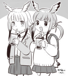 Rule 34 | 2girls, :d, aged down, alternate costume, bad id, bad twitter id, blunt bangs, blush, bubble tea, child, commentary request, cup, disposable cup, greyscale, hair bobbles, hair ornament, head wings, highres, jacket, japanese crested ibis (kemono friends), kemono friends, long sleeves, monochrome, multicolored hair, multiple girls, open clothes, open jacket, open mouth, scarlet ibis (kemono friends), short hair with long locks, sidelocks, simple background, skirt, smile, suicchonsuisui, tail, twintails, wings