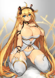 Rule 34 | 1girl, ahoge, arm strap, blonde hair, blue eyes, blush, breasts, choker, cleavage, gurimjang, hair ribbon, hairband, highres, large breasts, long hair, looking at viewer, navel, original, panties, revealing clothes, ribbon, simple background, sitting, smile, solo, thick thighs, thighhighs, thighs, underwear, very long hair, wariza, white panties, white thighhighs