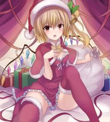 Rule 34 | &gt;:o, 1girl, :o, blonde hair, blush, capelet, christmas, colored eyelashes, dress, flandre scarlet, gift, gift bag, hair between eyes, hat, highres, janne cherry, looking at viewer, open mouth, red dress, red eyes, red thighhighs, santa hat, short dress, short hair, side ponytail, sitting, solo, thighhighs, thighs, touhou, v-shaped eyebrows