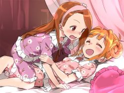 Rule 34 | 2girls, :d, ^ ^, alternate hairstyle, bed, blush, brown hair, closed eyes, curtains, closed eyes, floral print, frilled pillow, frills, girl on top, hair up, hairband, hand on another&#039;s head, heart, heart-shaped pillow, idolmaster, idolmaster (classic), long hair, lying, minase iori, multiple girls, on back, open mouth, orange hair, pajamas, pillow, print pajamas, ribbon, short sleeves, sketch, smile, sonsoso, takatsuki yayoi, wavy mouth, yuri