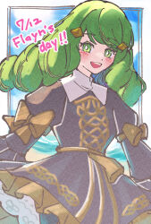 Rule 34 | 1girl, black dress, coral 3535, dress, drill hair, fire emblem, fire emblem: three houses, flayn (fire emblem), green eyes, green hair, hair ornament, hairclip, happy birthday, highres, looking at viewer, nintendo, open mouth, smile, solo, teeth, turtleneck, twin drills, upper body, upper teeth only