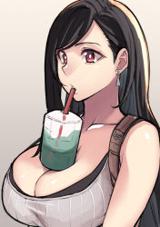 Rule 34 | 1girl, between breasts, blood hood, breasts, brown hair, bubble tea, bubble tea challenge, cleavage, cup, drink, drinking straw, earrings, final fantasy, final fantasy vii, final fantasy vii remake, highres, jewelry, large breasts, long hair, red eyes, solo, taut clothes, tifa lockhart, undershirt, upper body