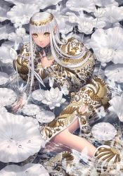 Rule 34 | 1girl, bug, butterfly, closed mouth, dress, earrings, flower, gold, headpiece, highres, insect, jewelry, lily pad, long hair, looking at viewer, lotus, minami (minami373916), nail polish, original, ring, solo, water, wet, white hair, yellow eyes