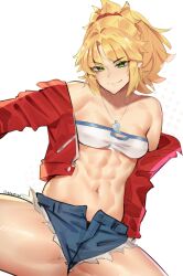 Rule 34 | 1girl, abs, absurdres, blonde hair, breasts, commentary, cutoffs, deccatezu, denim, denim shorts, english commentary, fate/apocrypha, fate/grand order, fate (series), green eyes, hair ornament, hair scrunchie, highres, jacket, jewelry, long hair, mordred (fate), mordred (fate/apocrypha), mordred (memories at trifas) (fate), navel, necklace, open clothes, open jacket, red jacket, scrunchie, short shorts, shorts, small breasts, smile, solo, thighs
