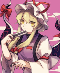 Rule 34 | 1girl, blonde hair, bow, commentary, dress, eyes visible through hair, gap (touhou), hair bow, hand fan, hand up, hat, hat ribbon, holding, holding fan, long sleeves, mob cap, oito (bowstringsmall), pink background, red bow, red ribbon, ribbon, short hair, short hair with long locks, sidelocks, simple background, smirk, solo, tabard, touhou, upper body, white dress, white hat, white sleeves, yakumo yukari, yellow eyes