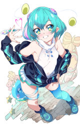 Rule 34 | 1girl, aqua eyes, aqua hair, bare shoulders, blush, breasts, covered erect nipples, covered navel, hagoromo lala, hair ornament, highres, hood, hoodie, leotard, looking at viewer, niko (tama), pointy ears, precure, shiny skin, shoes, short hair, single thighhigh, skin tight, skirt, small breasts, smile, solo, standing, star (symbol), star twinkle precure, teeth, thighhighs, white leotard
