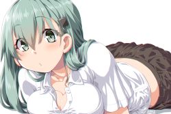 Rule 34 | 1girl, aqua hair, black skirt, blush, breasts, brown skirt, cleavage, collarbone, commentary, dd (ijigendd), hair between eyes, hair ornament, hairclip, kantai collection, large breasts, long hair, looking at viewer, lying, on stomach, pleated skirt, school uniform, shirt, simple background, skirt, solo, suzuya (kancolle), white background, white shirt