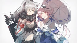 Rule 34 | 2girls, animal ears, arknights, arrow (projectile), bare shoulders, black bow, black scarf, blue feathers, blue skirt, bow, cat ears, ceylon (arknights), commentary, crop top, double bun, feather hair, feathers, gloves, grey background, grin, hair bun, hand up, hat, hat bow, highres, holding, holding umbrella, jacket, long hair, long sleeves, looking at another, midriff, multiple girls, navel, open clothes, open jacket, pink eyes, pink hair, quiver, scarf, schwarz (arknights), shirt, silver hair, simple background, skirt, smile, stomach, sudoka, symbol-only commentary, umbrella, upper body, white gloves, white headwear, white jacket, white shirt, white umbrella, yellow eyes