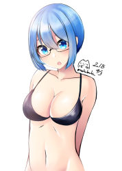 Rule 34 | 1girl, :o, arms behind head, bare shoulders, bikini, black bikini, blue eyes, blue hair, blush, breasts, cleavage, collarbone, commentary request, dated, glasses, hair between eyes, head tilt, looking at viewer, medium breasts, navel, nekobaka, open mouth, original, short hair, signature, simple background, solo, swimsuit, twitter username, white background