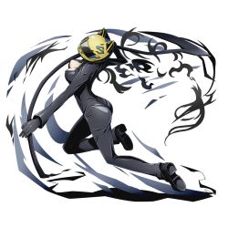 Rule 34 | 10s, 1girl, alpha transparency, ass, black gloves, bodysuit, breasts, celty sturluson, cleavage, divine gate, durarara!!, full body, gloves, head tilt, helmet, holding, holding weapon, medium breasts, official art, open clothes, scythe, solo, transparent background, ucmm, weapon