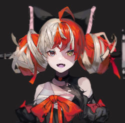 Rule 34 | 1girl, ahoge, bandaged arm, bandages, bare shoulders, black bow, black choker, blue eyes, bow, choker, cropped, double bun, eyes visible through hair, fangs, grey background, grey hair, hair bun, heart, heart choker, heterochromia, highres, hololive, hololive indonesia, kureiji ollie, large bow, long hair, open mouth, patchwork skin, puffy sleeves, rain rakan, red bow, red hair, simple background, smile, solo, stab, stitches, sword, symbol-shaped pupils, teeth, tongue, torn, torn bow, torn clothes, upper body, virtual youtuber, weapon, x x, yellow eyes, zombie