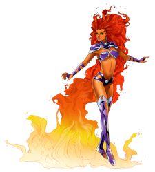 Rule 34 | 1girl, alien, armor, boots, colored skin, dc comics, female focus, fiery hair, fire, gradient hair, green eyes, hip vent, long hair, multicolored hair, no pupils, orange skin, solid eyes, solo, starfire, thigh boots, thighhighs, vambraces