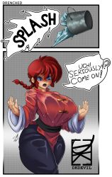 Rule 34 | 1girl, absurdres, annoyed, braid, breasts, chinese clothes, dkdevil, genderswap, genderswap (mtf), highres, huge breasts, ranma-chan, ranma 1/2, red hair, saotome ranma, single braid, solo, tangzhuang, thick eyebrows, wet