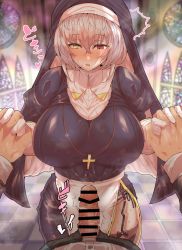 Rule 34 | 1boy, 1girl, alicia renato (yashiro sousaku), bar censor, black dress, blurry, blurry background, borrowed character, censored, church, covered navel, cross, cross necklace, crossed bangs, dress, erection, garter belt, gloves, habit, hair between eyes, heterochromia, highres, holding hands, indoors, interlocked fingers, jewelry, long sleeves, looking at penis, looking down, medium hair, necklace, nun, original, parted lips, penis, pink hair, pov, red eyes, solo focus, sweat, wakura (gcdan), wavy mouth, white gloves, yellow eyes
