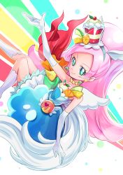 Rule 34 | 10s, 1girl, absurdres, bead necklace, beads, blue dress, blue eyes, blue hairband, boots, cropped legs, cure parfait, dress, elbow gloves, food-themed hair ornament, gloves, hair ornament, hairband, highres, jewelry, kirahoshi ciel, kirakira precure a la mode, knee boots, layered dress, long hair, looking at viewer, magical girl, necklace, pink hair, precure, rainbow, rainbow order, sharumon, smile, solo, star-shaped pupils, star (symbol), symbol-shaped pupils, white footwear, white gloves