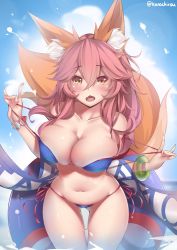 Rule 34 | animal ear fluff, animal ears, bare shoulders, bikini, blue bikini, blue sky, blush, bracelet, breasts, brown eyes, chestnut mouth, cleavage, cloud, cloudy sky, collarbone, cowboy shot, day, fang, fate/grand order, fate (series), fox ears, fox shadow puppet, fox tail, gluteal fold, hair between eyes, highres, huge breasts, innertube, jewelry, kanachirou, long hair, looking at viewer, navel, open mouth, outdoors, pink hair, side-tie bikini bottom, sky, solo, strap lift, string bikini, swim ring, swimsuit, tail, tamamo (fate), tamamo no mae (fate/extra), tamamo no mae (swimsuit lancer) (fate), wading