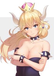 Rule 34 | 1girl, absurdres, armlet, bad id, bad pixiv id, bare shoulders, blonde hair, blue eyes, blush, bowsette, bracelet, breasts, cleavage, closed mouth, collar, collarbone, crown, earrings, fang, fang out, highres, horns, jewelry, jiaoshoutongxue, large breasts, long hair, looking at viewer, mario (series), new super mario bros. u deluxe, nintendo, pointy ears, ponytail, solo, spiked armlet, spiked bracelet, spiked collar, spikes, super crown, v-shaped eyebrows