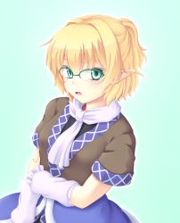 Rule 34 | 1girl, arm warmers, bespectacled, blonde hair, dress, glasses, green background, green eyes, isaki (gomi), looking at viewer, mizuhashi parsee, open mouth, pointy ears, scarf, shirt, short hair, short sleeves, simple background, solo, touhou