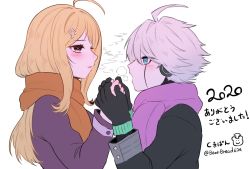 Rule 34 | 1boy, 1girl, ahoge, akamatsu kaede, alternate costume, android, black gloves, blush, breath, commentary request, couple, danganronpa (series), danganronpa v3: killing harmony, dated, fortissimo, from side, gloves, hair ornament, hands up, holding hands, jacket, k1-b0, kuma pan (bearbread624), long hair, long sleeves, looking at another, musical note, musical note hair ornament, orange scarf, pale skin, pink eyes, pink scarf, scarf, short hair, smile, translation request, upper body, white background, winter clothes