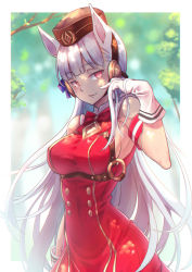 Rule 34 | 1girl, absurdres, animal ears, arm up, armpits, blue bow, blunt bangs, bow, bowtie, branch, breasts, bridle, brown headwear, buttons, double-breasted, ear bow, ear covers, ear ribbon, forest, gloves, gold ship (umamusume), grey hair, hand in own hair, highres, holding, holding hair, horse ears, horse girl, horse tail, large breasts, long hair, looking at viewer, nature, o-ring, open mouth, outside border, pillbox hat, pink eyes, purple eyes, shade, sideboob, solo, tail, togin, tree, umamusume, very long hair, white gloves