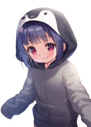 Rule 34 | 1girl, animal hood, blue hair, blush, chitosezaka suzu, closed mouth, commentary request, grey jacket, hood, hood up, hooded jacket, jacket, long sleeves, looking at viewer, original, penguin hood, red eyes, simple background, sleeves past fingers, sleeves past wrists, smile, solo, upper body, white background