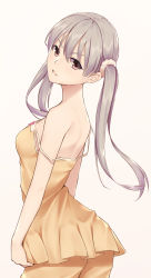 Rule 34 | 1girl, absurdres, bare arms, bare shoulders, breasts, brown eyes, cowboy shot, dress, from side, gradient background, grey hair, hair between eyes, hair ornament, hair scrunchie, has bad revision, has downscaled revision, head tilt, highres, light brown background, long hair, looking at viewer, looking to the side, md5 mismatch, monogatari (series), nestea, oikura sodachi, open mouth, owarimonogatari, resolution mismatch, scrunchie, short dress, shorts, small breasts, solo, source smaller, spaghetti strap, standing, strap slip, twintails, v-shaped eyebrows, white scrunchie, yellow dress, yellow shorts