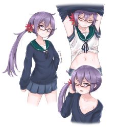 Rule 34 | 10s, 1girl, akebono (kancolle), arm at side, arms up, artist name, bell, bespectacled, bow, cardigan, collarbone, contrapposto, disco brando, closed eyes, flower, glasses, hair bell, hair between eyes, hair bow, hair flower, hair ornament, hand on own hip, highres, jingle bell, kantai collection, long hair, miniskirt, multiple views, navel, one eye closed, pleated skirt, purple eyes, purple hair, purple sweater, sailor collar, school uniform, semi-rimless eyewear, serafuku, serious, side ponytail, skirt, standing, sweater, tsurime, undressing, upper body, very long hair