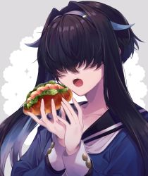 Rule 34 | 1girl, black sailor collar, blue hairband, blue serafuku, blue shirt, burger, collarbone, colored inner hair, commentary request, fingernails, food, grey background, hair intakes, hair over eyes, hairband, highres, holding, holding food, komagusa, long bangs, long hair, long sleeves, miki shinobu, multicolored hair, open mouth, sailor collar, school uniform, serafuku, shadowverse, shadowverse (anime), shirt, short hair, short hair with long locks, sidelocks, simple background, solo, teeth, two-tone hair, upper body, white background