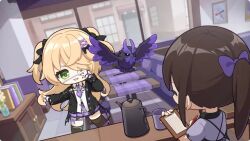 2girls bird black_bow black_jacket black_thighhighs blonde_hair bow chibi eyepatch fischl_(genshin_cafe_in_seoul)_(genshin_impact) fischl_(genshin_impact) genshin_impact green_eyes hair_bow hands_up indoors jacket long_hair long_sleeves multiple_girls necktie official_art open_clothes open_jacket open_mouth oz_(genshin_impact) purple_necktie purple_skirt shirt skirt smile standing thighhighs two_side_up waitress white_shirt