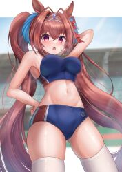 Rule 34 | 1girl, animal ears, antenna hair, blue buruma, blue sports bra, blurry, blurry background, bow, bowtie, breasts, brown hair, buruma, daiwa scarlet (umamusume), fang, groin, hair bow, hair intakes, hair ornament, hand in own hair, hand on own hip, highres, horse ears, horse girl, jewelry, large breasts, long hair, looking at viewer, midriff, multicolored buruma, navel, open mouth, outdoors, outside border, red bow, red bowtie, red eyes, skindentation, solo, sports bikini, sports bra, stadium, stomach, sweatdrop, thighhighs, tiara, twintails, umamusume, very long hair, waity awa, white thighhighs