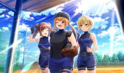 3girls :d ;d ^_^ baseball_field baseball_glove baseball_uniform belt belt_buckle bike_shorts bike_shorts_under_shorts black_belt black_gloves black_shorts blonde_hair blue_shirt blue_shorts brown_hair buckle catcher&#039;s_mask chain-link_fence chest_protector cinderella_series closed_eyes cloud double_bun eye_contact fence game_cg gloves green_eyes hachigatsu_no_cinderella_nine hair_bun highres kazamatsuri_serina kishi_fuuka light_particles light_rays long_hair looking_at_another low_twintails multiple_girls net non-web_source official_art one_eye_closed open_mouth outdoors purple_eyes shiomi_nagisa shirt short_hair shorts sky sleeveless sleeveless_shirt smile sportswear standing sunbeam sunlight sweat twintails two_side_up