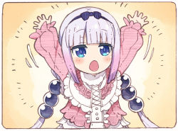 Rule 34 | 1girl, beads, black hairband, blue eyes, blunt bangs, capelet, child, commentary request, frilled capelet, frills, gradient hair, hair beads, hair ornament, hairband, kanna kamui, kobayashi-san chi no maidragon, light purple hair, looking at viewer, low twintails, multicolored hair, open mouth, outstretched arms, pink hair, sakino shingetsu, simple background, solo, twintails
