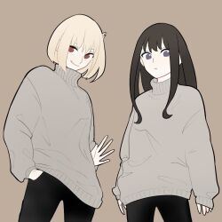 Rule 34 | 2girls, black hair, black pants, blonde hair, brown background, commentary request, cowboy shot, grey sweater, inoue takina, long hair, long sleeves, looking at viewer, lycoris recoil, medium hair, multiple girls, nishikigi chisato, one side up, pants, parted lips, purple eyes, red eyes, shiratama draw, simple background, sleeves past wrists, smile, sweater, turtleneck, turtleneck sweater