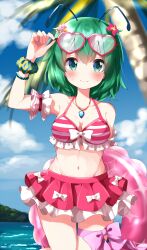 Rule 34 | 1girl, adjusting eyewear, antennae, bikini, blue sky, blush, bow, breasts, cleavage, closed mouth, cloud, commentary request, flower, green eyes, green hair, groin, hair flower, hair ornament, hand on eyewear, heart, heart-shaped eyewear, highres, horizon, jewelry, looking at viewer, medium breasts, navel, outdoors, palm tree, pendant, pink bikini, pink bow, pink skirt, ruu (tksymkw), short hair, skirt, sky, smile, solo, striped bikini, striped clothes, swimsuit, touhou, touhou arcadia record, tree, white bow, wriggle nightbug