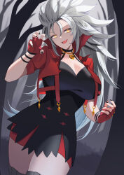 Rule 34 | 1girl, black dress, black nails, breasts, claw pose, cleavage, cropped jacket, dress, fang, fingerless gloves, gloves, gold necklace, grey hair, highres, jacket, jewelry, kitatyoco, large breasts, long hair, looking at viewer, necklace, open mouth, red gloves, red jacket, skin fang, skull necklace, smile, virtual youtuber, vshojo, yellow eyes, zentreya, zentreya (werewolf)