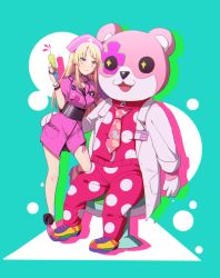 Rule 34 | + +, 2girls, :3, :d, :q, animal costume, ankle ribbon, ankle strap, aqua background, arm around waist, badge, bang dream!, bear costume, black ribbon, blonde hair, bracelet, button badge, chair, choker, collared dress, dress, drop shadow, earrings, facial mark, full body, gloves, harusawa, hat, high heels, holding, jacket, jewelry, lab coat, leaning on person, leg ribbon, long hair, long sleeves, looking at viewer, marker, mascot costume, michelle (bang dream!), multicolored footwear, multiple girls, nail polish, name tag, nurse cap, open mouth, pants, pink choker, pink dress, pink jacket, pink pants, polka dot, polka dot jacket, polka dot pants, red nails, ribbon, sash, shoes, short sleeves, sitting, smile, sneakers, standing, standing on one leg, syringe, tongue, tongue out, track suit, tsurumaki kokoro, white gloves, yellow eyes