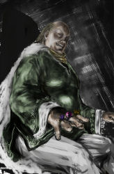 Rule 34 | 1boy, bald spot, balding, blue eyes, brown hair, cape, clenched teeth, copepe, final fantasy, final fantasy tactics, fur trim, gem, highres, jewelry, long hair, long sleeves, looking at viewer, male focus, pants, ring, scarf, short hair, sitting, solo, teeth, yellow scarf