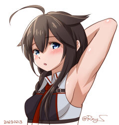 Rule 34 | 1girl, ahoge, armpits, black hair, black shirt, blue eyes, braid, commentary request, hair flaps, hair over shoulder, kantai collection, looking at viewer, necktie, one-hour drawing challenge, ray.s, red necktie, shigure (kancolle), shigure kai san (kancolle), shirt, simple background, single braid, sleeveless, sleeveless shirt, solo, two-tone shirt, upper body, white background