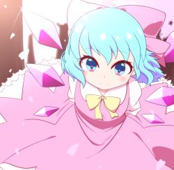 Rule 34 | 1girl, absurdres, alternate color, aqua eyes, aqua hair, arms behind back, bad id, bad pixiv id, blush, bow, cherry blossoms, cirno, closed mouth, collared shirt, color drain, commentary request, cowboy shot, eyes visible through hair, frilled skirt, frilled sleeves, frills, glitter, hair bow, heart, heart-shaped pupils, highres, ice, ice wings, leaning forward, light smile, looking at viewer, petals, petticoat, pink bow, pink skirt, puffy short sleeves, puffy sleeves, sakura cirno, shikabane homura, shirt, short hair, short sleeves, skirt, skirt set, solo, symbol-shaped pupils, touhou, white shirt, wings