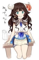 Rule 34 | 1girl, aqua eyes, bad id, bad twitter id, bell, bell earrings, blouse, blue bow, blue ribbon, blue shorts, bow, breasts, collared shirt, copyright request, cow horns, earrings, grin, horns, jewelry, large breasts, legs together, looking at viewer, milk carton, neck ribbon, omaru gyuunyuu, red ribbon, ribbon, shirt, short shorts, shorts, smile, solo, table, thick eyebrows, white background, white shirt