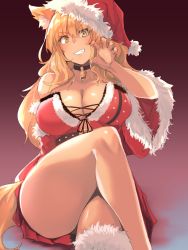 Rule 34 | &gt;:), 1girl, animal ear fluff, animal ears, bare shoulders, bell, blonde hair, breasts, choker, claw pose, cleavage, crossed legs, detached sleeves, dress, fate/grand order, fate/grand order arcade, fate (series), fox ears, fox tail, fur trim, gradient background, grin, hat, highres, kuronyan, large breasts, long hair, neck bell, santa dress, santa hat, simple background, smile, solo, suzuka gozen (fate), suzuka gozen (santa) (fate), tail, thighs, v-shaped eyebrows, yellow eyes