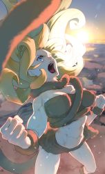 Rule 34 | 1girl, abs, ayla (chrono trigger), bare shoulders, blonde hair, blue eyes, chrono trigger, clenched hands, highres, light particles, long hair, muscular, muscular female, navel, open mouth, outdoors, rock, scarf, screaming, shiomiya iruka, solo, standing, sun, teeth, tongue