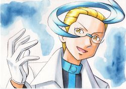 Rule 34 | 1boy, :d, black jacket, blonde hair, blue background, blue hair, colress (pokemon), commentary request, creatures (company), game freak, glasses, gloves, highres, jacket, lab coat, long sleeves, male focus, multicolored hair, nintendo, oka mochi, open mouth, pokemon, pokemon bw2, short hair, smile, solo, tongue, traditional media, two-tone hair, upper body, white gloves, yellow eyes