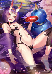 Rule 34 | 1girl, alcohol, asanogawa (tutufcc), bad id, bad pixiv id, barefoot, bob cut, breasts, cup, fangs, fate/grand order, fate (series), feet, horns, looking at viewer, navel, oni, open mouth, partially submerged, petals, purple eyes, purple hair, sakazuki, sake, short hair, shuten douji (fate), skin-covered horns, small breasts, smile, solo, water