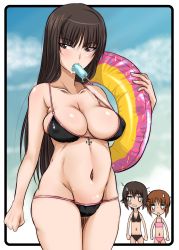Rule 34 | 3girls, bikini, black bikini, black border, black eyes, black hair, blunt bangs, border, breast envy, breasts, brown eyes, brown hair, cleavage, collarbone, commentary request, covered erect nipples, cross, day, food, food in mouth, girls und panzer, groin, half-closed eyes, highres, hirokawa kouichirou, holding, holding swim ring, innertube, iron cross, jitome, large breasts, long hair, looking at another, looking at viewer, lowleg, lowleg bikini, mature female, mother and daughter, mouth hold, multiple girls, navel, nishizumi maho, nishizumi miho, nishizumi shiho, outdoors, pink bikini, popsicle, rectangular mouth, rounded corners, short hair, siblings, sisters, skindentation, standing, straight hair, string bikini, sweatdrop, swim ring, swimsuit, triangle mouth