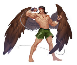 Rule 34 | 1boy, abs, absurdres, bandages, bara, bare pectorals, brown hair, bulge, feather necklace, feathered wings, fingerless gloves, fire emblem, full body, gloves, headband, highres, large pectorals, male focus, microphone, muscular, my eight, navel, nintendo, nipples, open mouth, pectorals, short hair, shorts, smile, solo, thick thighs, thighs, tibarn (fire emblem), white background, wings, yellow eyes