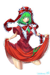 Rule 34 | 1girl, breasts, capelet, clothes lift, colored eyelashes, cropped legs, dress, dress lift, front ponytail, green eyes, green hair, hair bobbles, hair ornament, highres, kagiyama hina, large breasts, long hair, looking at viewer, matching hair/eyes, puffy short sleeves, puffy sleeves, red dress, ribbon, short sleeves, signature, simple background, smile, solo, touhou, umigarasu (kitsune1963), white background, wrist ribbon