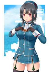 Rule 34 | 1girl, akinojo, ascot, beret, black gloves, black hair, black thighhighs, blue hat, blue jacket, blue skirt, blue sky, breasts, cloud, collared shirt, cowboy shot, cruiser, garter straps, gloves, hands on own chest, hat, highres, jacket, kantai collection, lips, long sleeves, looking at viewer, medium breasts, military, military uniform, military vehicle, miniskirt, red eyes, ship, shirt, short hair, silhouette, skirt, sky, smile, solo, takao (kancolle), thighhighs, uniform, warship, watercraft, white background